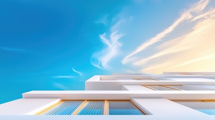 Upward perspective of a contemporary building facade with sharp, modern lines and a clear blue sky backdrop. Includes ample copy space.