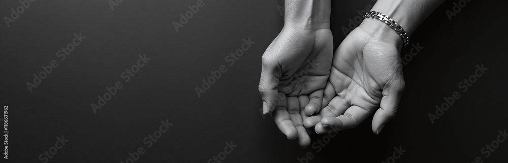 Poster hands in black and white gesture protection and care on a textured black background with copy space 