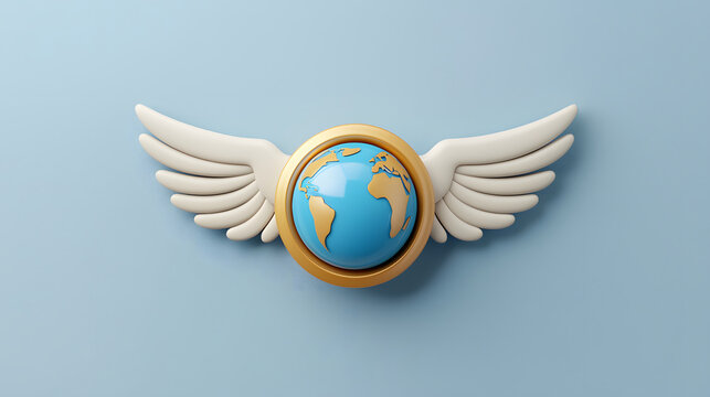 futuristic 3D icon of flight attendant badge featuring globe and wings, symbolizing travel and aviation. This design evokes sense of adventure and exploration