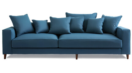 Obraz premium Comfortable Blue Sofa with Pillows: A plush, inviting blue sofa with multiple pillows, perfect for relaxing and enjoying a cozy evening.
