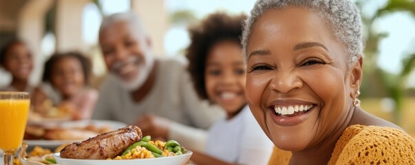 Fototapeta premium A happy multigenerational family enjoying a wholesome, healthy meal together, with a wise elder leading the way in nutritious food choices and creating lasting family memories around the dinner table