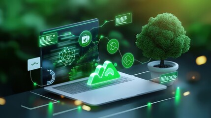 Fototapeta premium Visual representation of green keywords like green tech, sustainability, energy efficiency, and clean solutions for environmental betterment.