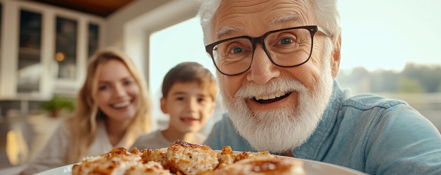 A happy multigenerational family enjoys a healthy and delicious home-cooked meal together, with a wise elder leading the way in making nutritious food choices, emphasizing the importance of family