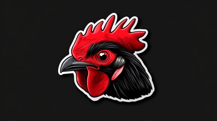 Fiery rooster head graphic design. Bold red and black colors against a dark background.