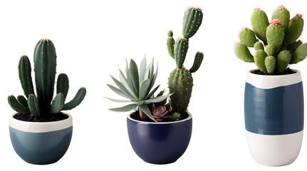 Blue and White Planted Pot Collection:  A trio of succulents in blue and white ceramic pots, each with a unique design, showcasing the perfect balance of nature and modern decor.