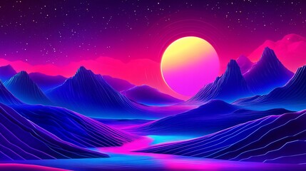 Vibrant sunset over neon mountains and river.