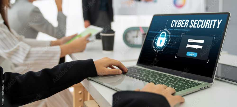 Poster cyber security system on computer screen protect private information snugly from hacker and cyber at