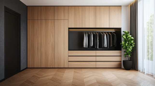 Minimalist dressing room with modern wooden wardrobe and Wooden floor