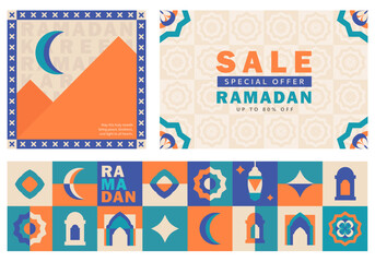 Set of Eid Mubarak banners with Islamic patterns, mosque arch, crescent moon, lanterns and floral motifs in teal, blue, orange, beige with Ramadan Kareem text and a sale header with modern design