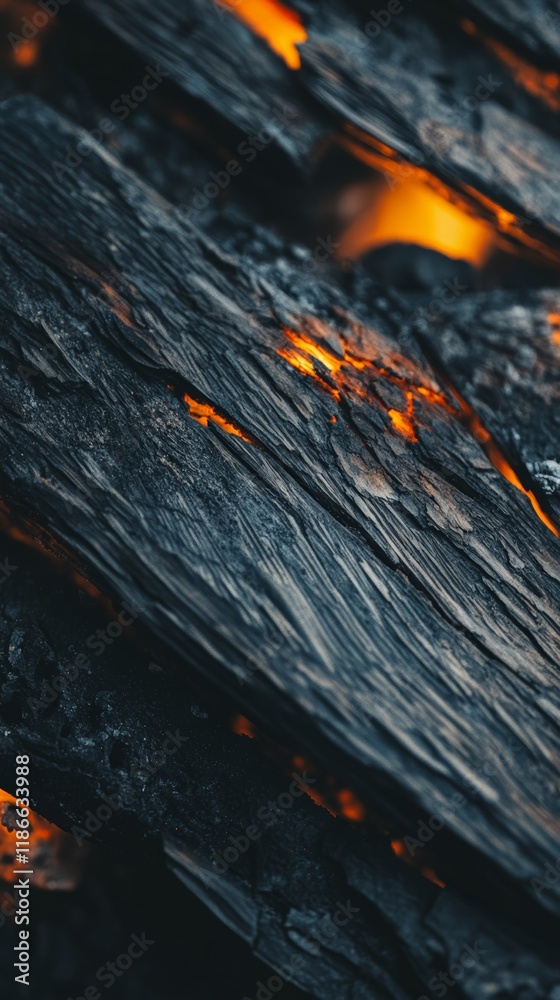Poster glowing embers illuminate the textured surface of burning wood in a fireplace, creating a warm and i