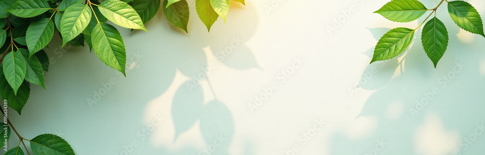 Poster green leaves adorn a sunny wall background providing space to add text in an abstract nature scene. 