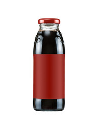 Pomegranate juice, fruit mors in glass bottle with red label on white background. Cherry, grape, blackcurrant, beet, wildberry, plum nectar. Compote. Smoothie. Soy sauce. Ice tea. Drink concept. © Artur
