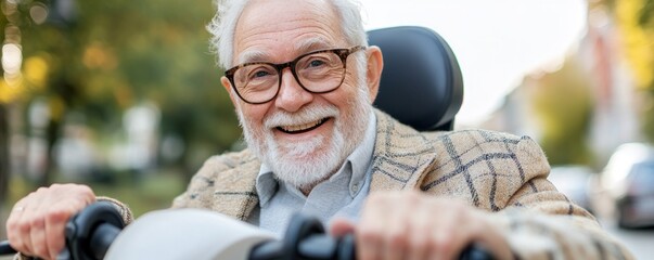 Care and Mobility for Seniors An Elderly Man Enjoying Independence and Freedom on His Mobility Scooter in a Vibrant Community Setting Discover the Joy of Assisted Living and Enhanced Senior Mobility