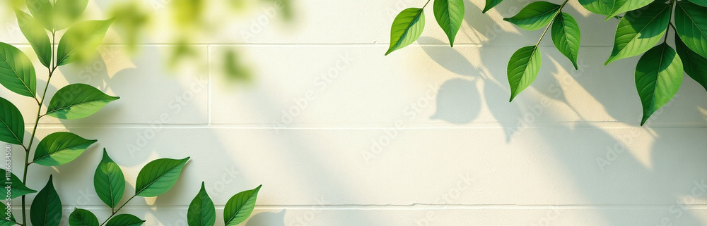 Poster green leaves adorn a sunny wall background providing space to add text in an abstract nature scene. 