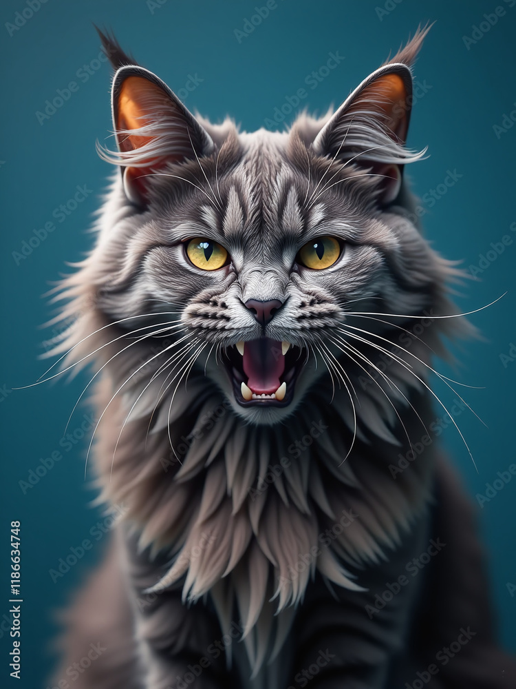 Poster Gray Maine Coon Cat With Furious Expression Photographed Against A Blue Background Using Artificial Intelligence Generative Capabilities. 00002