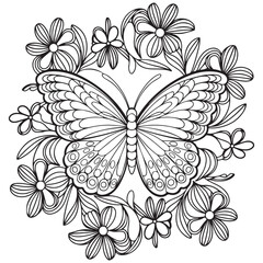 Butterfly and blooming flower hand drawn for adult coloring book