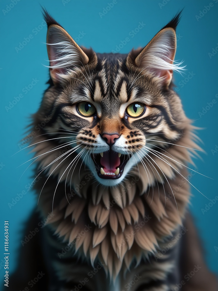 Poster Gray Maine Coon Cat With Furious Expression Photographed Against A Blue Background Using Artificial Intelligence Generative Capabilities. 00001