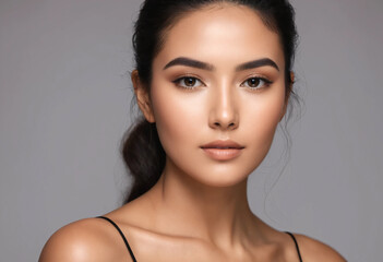 Naklejka premium Elegant portrait of an american woman with glowing skin and natural makeup. Perfect for beauty, skincare, and cosmetics promotions, showcasing high-quality and natural beauty concepts.
