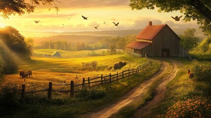 Obraz premium Countryside Barn at Golden Hour