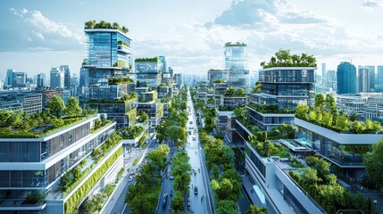 Obraz premium A city blueprint illustrating sustainable building designs, green roofs, eco-friendly transportation networks, and smart water management systems to reduce carbon emissions.