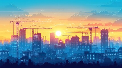 Fototapeta premium A city skyline under construction, with cranes and workers building new residential and commercial towers, symbolizing rapid urban growth and development.