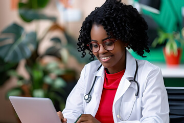 A woman wearing a white lab coat is smiling while using a tablet