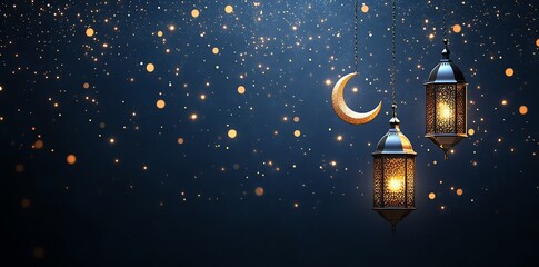 Fototapeta premium Golden Crescent Moon and Intricate Lanterns: A Serene Ramadan Night