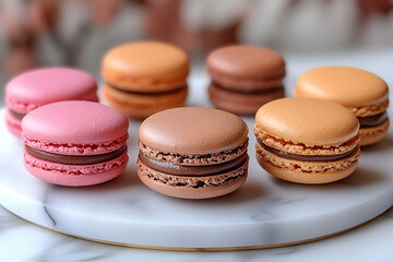 Obraz premium Close-up of assorted delicious macarons on a marble plate