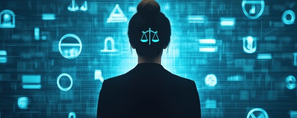 law restriction legislation concept. A person with a justice symbol in their mind, surrounded by digital icons representing law and technology.
