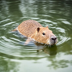 A serene capybara swims gracefully in clear water, showcasing its natural habitat in a tropical wetland. Perfect for wildlife and nature themes.