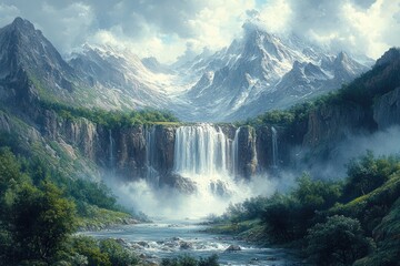 Majestic waterfall cascading from snow-capped mountains.