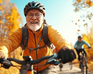 Fitness in community A senior group enjoying a scenic countryside bike ride Active aging, cycling for seniors, outdoor fitness, community health, retirement wellness, group cycling, senior fitness