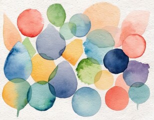 Abstract watercolor art featuring a mix of colorful circles and shapes in shades of blue, green, orange, and pink.