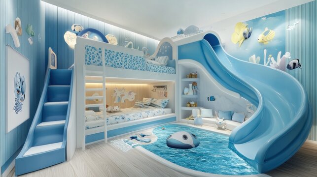 Child's bedroom with ocean theme bunk bed, slide, and ball pit.