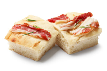 Pieces of focaccia bread with bacon and rosemary isolated on white