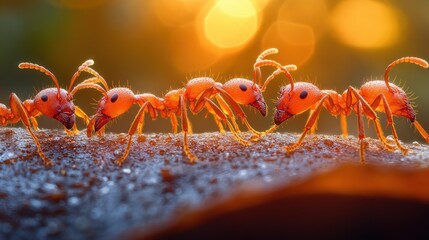 Close-up of four red ants marching in a row on a dewy surface at sunset.