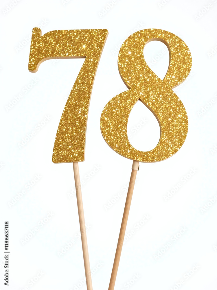 Poster Gold Topper With Shiny Numbers Seven And Eight On A Stick Isolated On A Clean White Background With Clipping Path Available. 00001