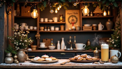 Fototapeta premium A charming display of holiday cookies and warm beverages in a cozy kitchen setting.