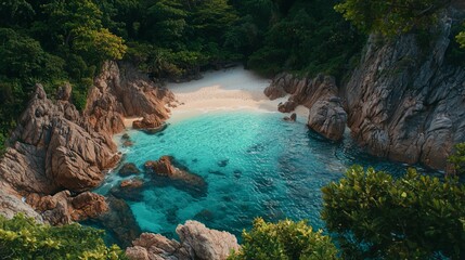 Naklejka premium Serene Tropical Cove Surrounded by Lush Greenery and Rocks