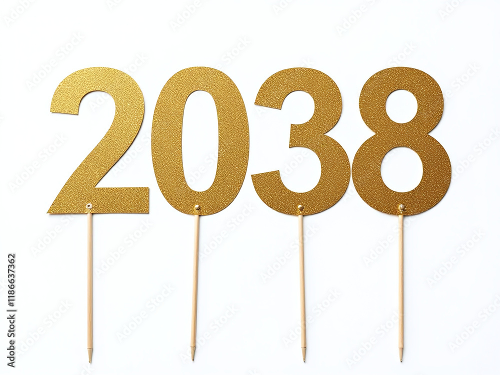 Poster Gold Topper With Shiny Numbers And Signs On Stick, Against A Clean White Background, With Clipping Path Available. 00001