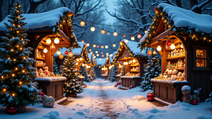 A picturesque winter market adorned with colorful lights, snow-covered stalls, and festive decorations.