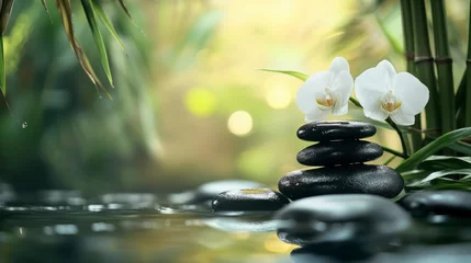 Papier peint photo autocollant Zen Serene Spa Scene: Two pristine white orchids elegantly grace a stack of smooth, dark grey stones nestled beside a tranquil stream, framed by lush bamboo.  © SSTC AI Photo&Video
