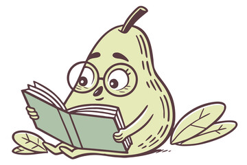 A pear wearing glasses and reading a book as a mascot logo