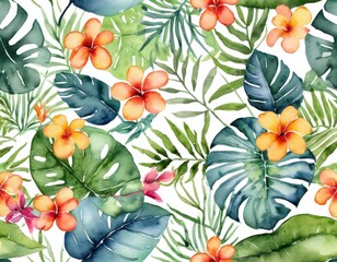 Naklejka premium A vibrant watercolor pattern featuring tropical leaves and colorful flowers, creating a lush, exotic atmosphere.