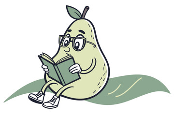 A pear wearing glasses and reading a book as a mascot logo