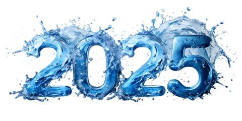 Crystal-clear water droplets splash and dance, creating a mesmerizing abstract motion of bubbles against a  2025 text pristine white background