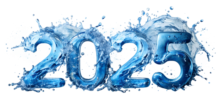 Crystal-clear water droplets splash and dance, creating a mesmerizing abstract motion of bubbles against a  2025 text pristine white background