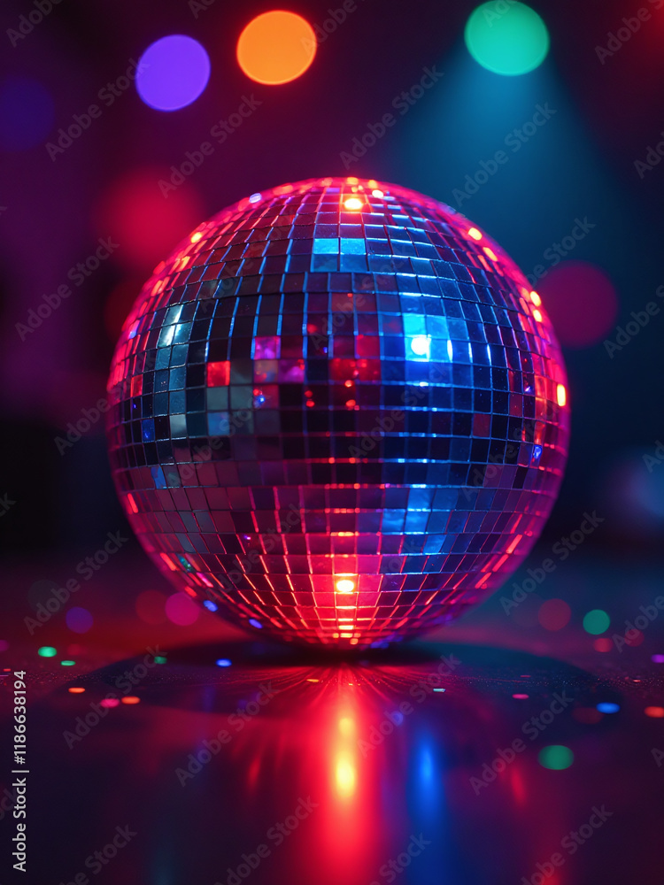 Poster Glowing Disco Ball For Parties Provides Colorful Light With A Clear Copy Space In Its Center. 00002