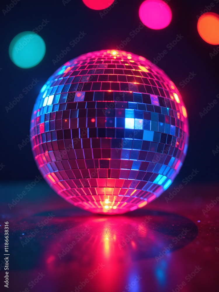 Poster Glowing Disco Ball For Parties Provides Colorful Light With A Clear Copy Space In Its Center. 00001