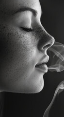 Portrait of a woman exhaling smoke in a serene, black and white setting with soft lighting and textured features